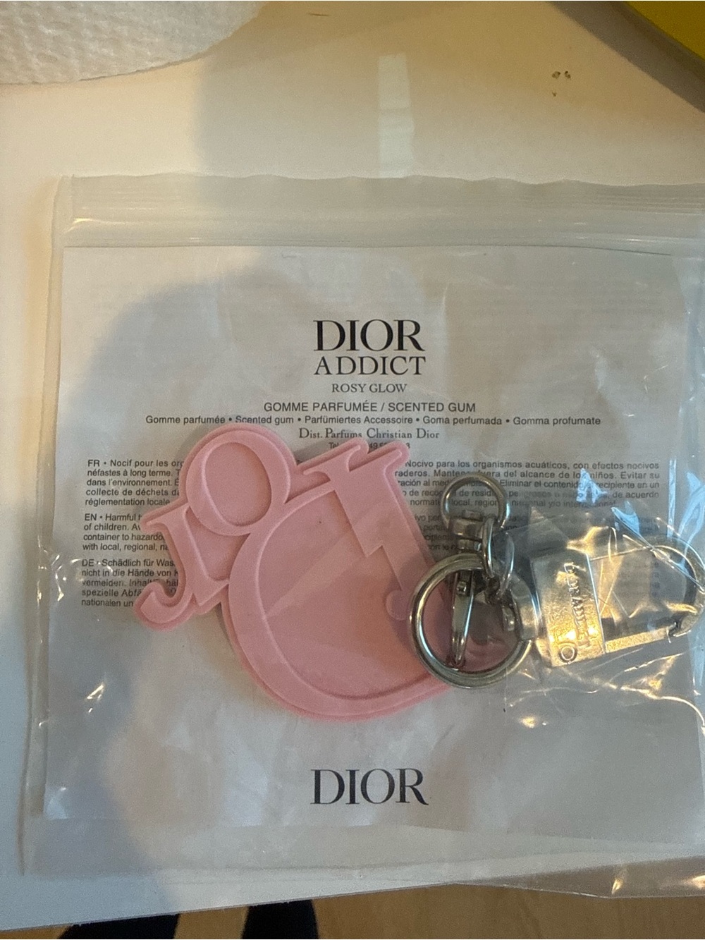 Dior Pink Logo Rubber Keychain with Silver Hardware